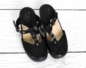 Vintage black leather Swedish clogs Gothic t-bar platform sandals Chunky heel mules for women