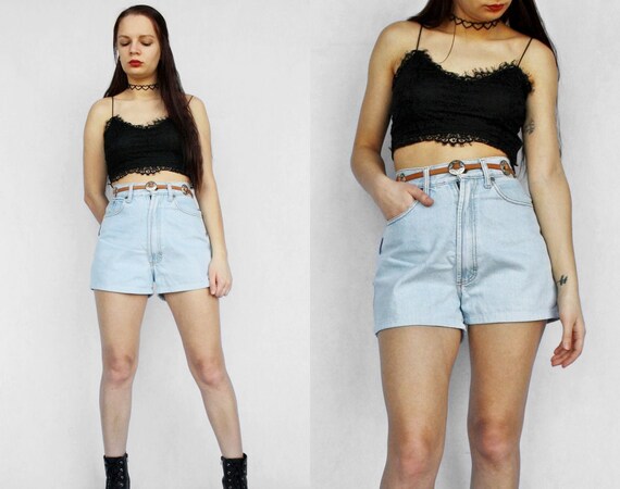 High waisted jean shorts Vintage light blue women'