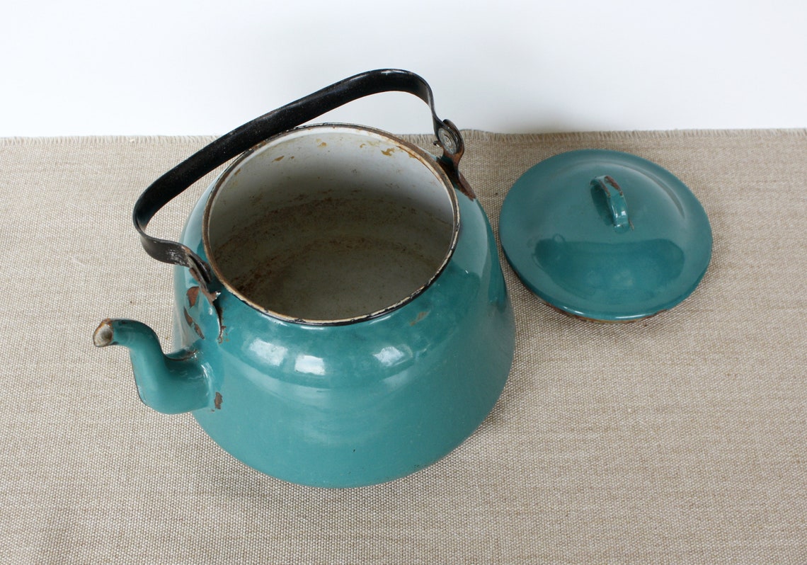 80s rústico hervidor de esmalte verde azulado con tapa Vintage | Etsy