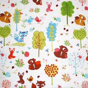 May include: A white fabric featuring a repeating pattern of woodland creatures including brown squirrels, orange foxes, blue birds, and snails. The design includes colorful stylized trees in shades of green, blue, and red, along with small flowers and acorns.