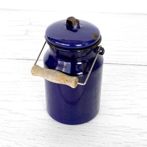 Kleine blaue Emaille Milchkanne Vintage Metall Retro Bauernhaus Küchendose mit Griff