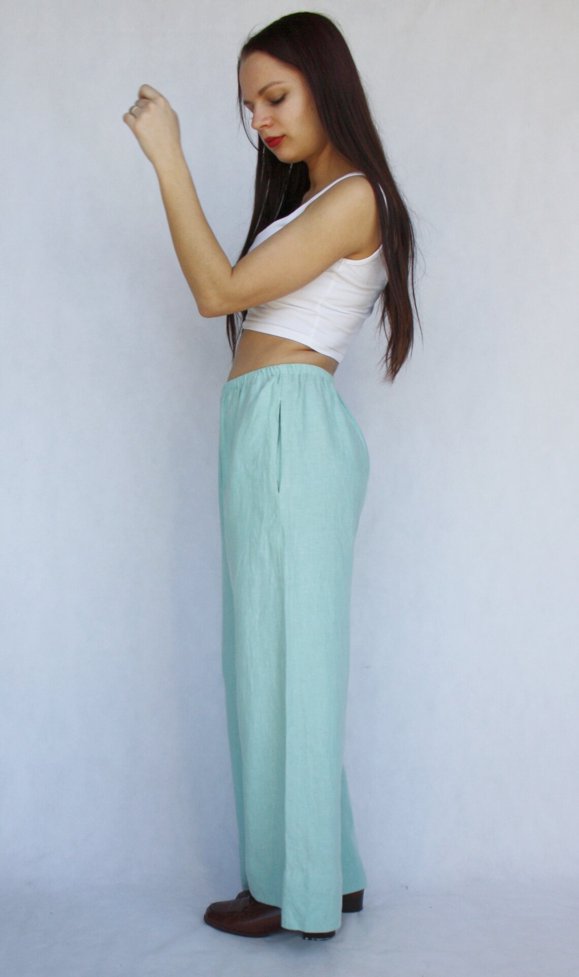 Women's Linen Pants Wide Leg Teal Blue Linen Trousers Etsy