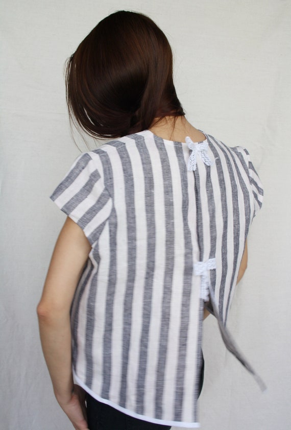 Crop linen top asymmetric striped bow back top ope