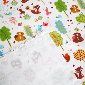 May include: A white fabric featuring a repeating pattern of colorful woodland animals including squirrels, rabbits, and birds, interspersed with stylized green and blue trees, small snails, and floral elements, with a frayed edge showing the reverse side.