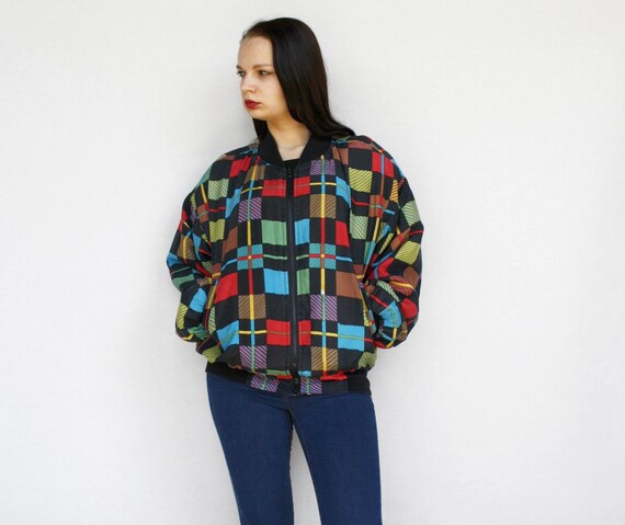 80s colorful checker silk jacket Vintage colorbloc