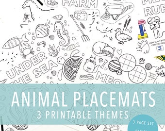 Animal Printable Kid Placemat, Printable Placemat, Printable Activity Pages, Animal Printable Pages, Toddler Printable, Restaurant Activity