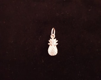 May include: A small, silver-toned metal charm shaped like a pineapple, featuring a textured, cross-hatched body and a leafy top crown. The charm includes a circular jump ring attached to the top for hanging or connecting to a chain.