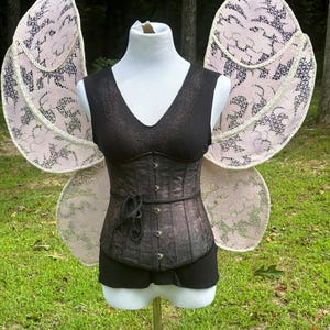 May include: A pair of large, pink and white lace fairy wings with a black corset and shorts on a mannequin.