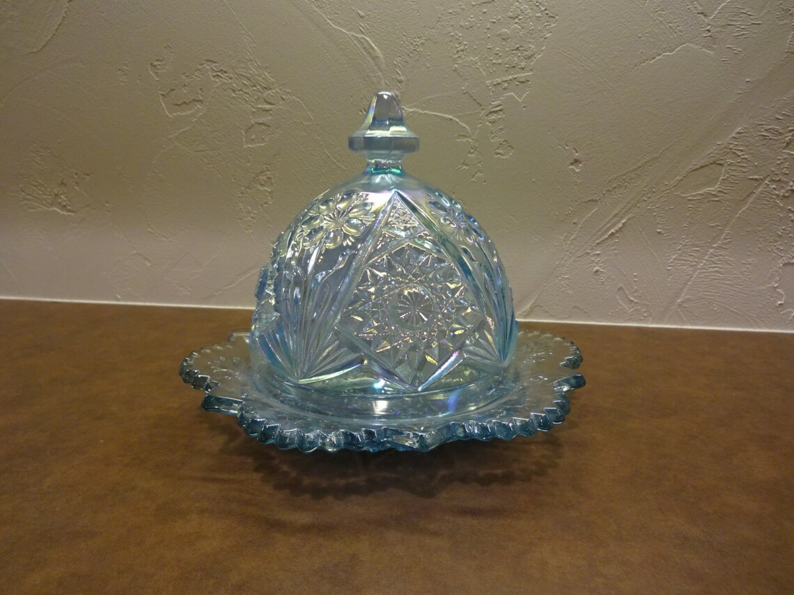 Opalescent Blue Glass Butter Dish. Etsy