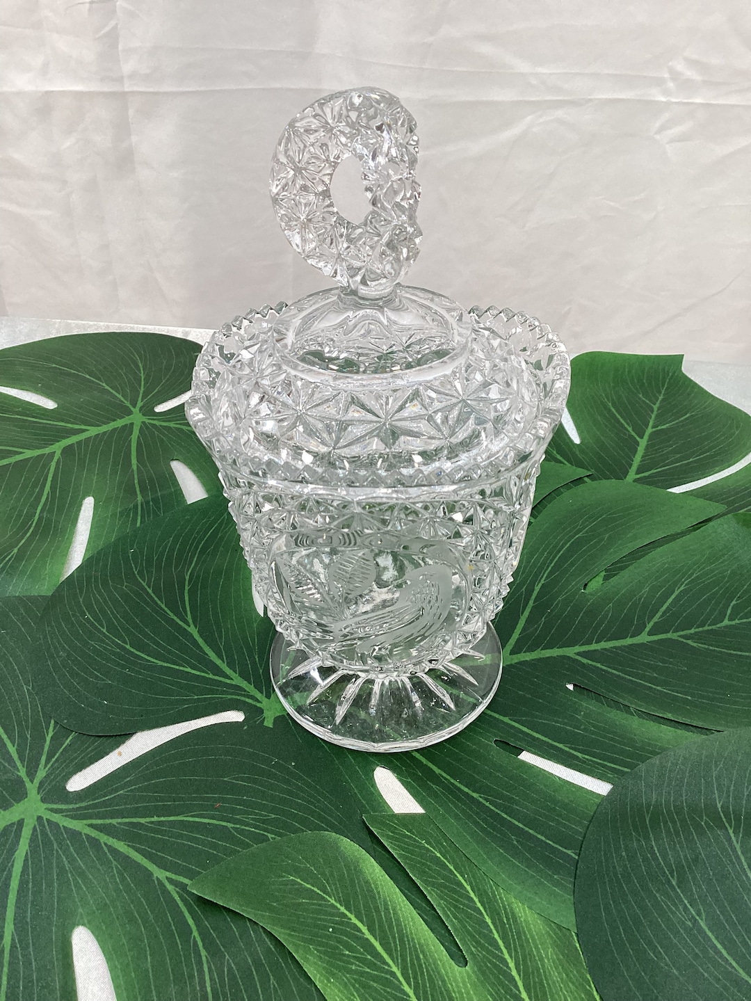 Crystal Candy Dish With Lid and Etched Birds & Leaves Etsy