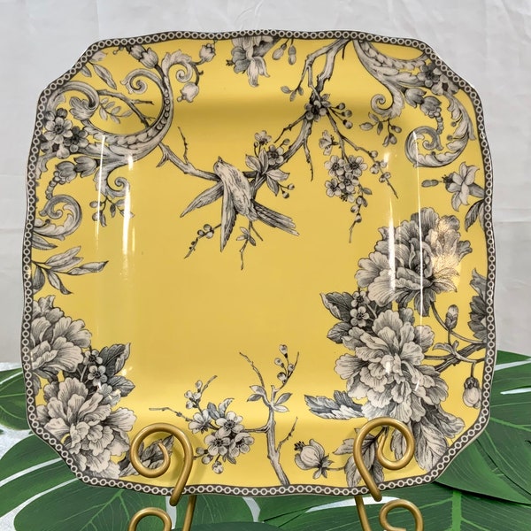 222 Fifth International Adelaide 11” Square Dinner Plate  Beautiful Floral Design with Birds Gorgeous Yellow Plate (F5-10)