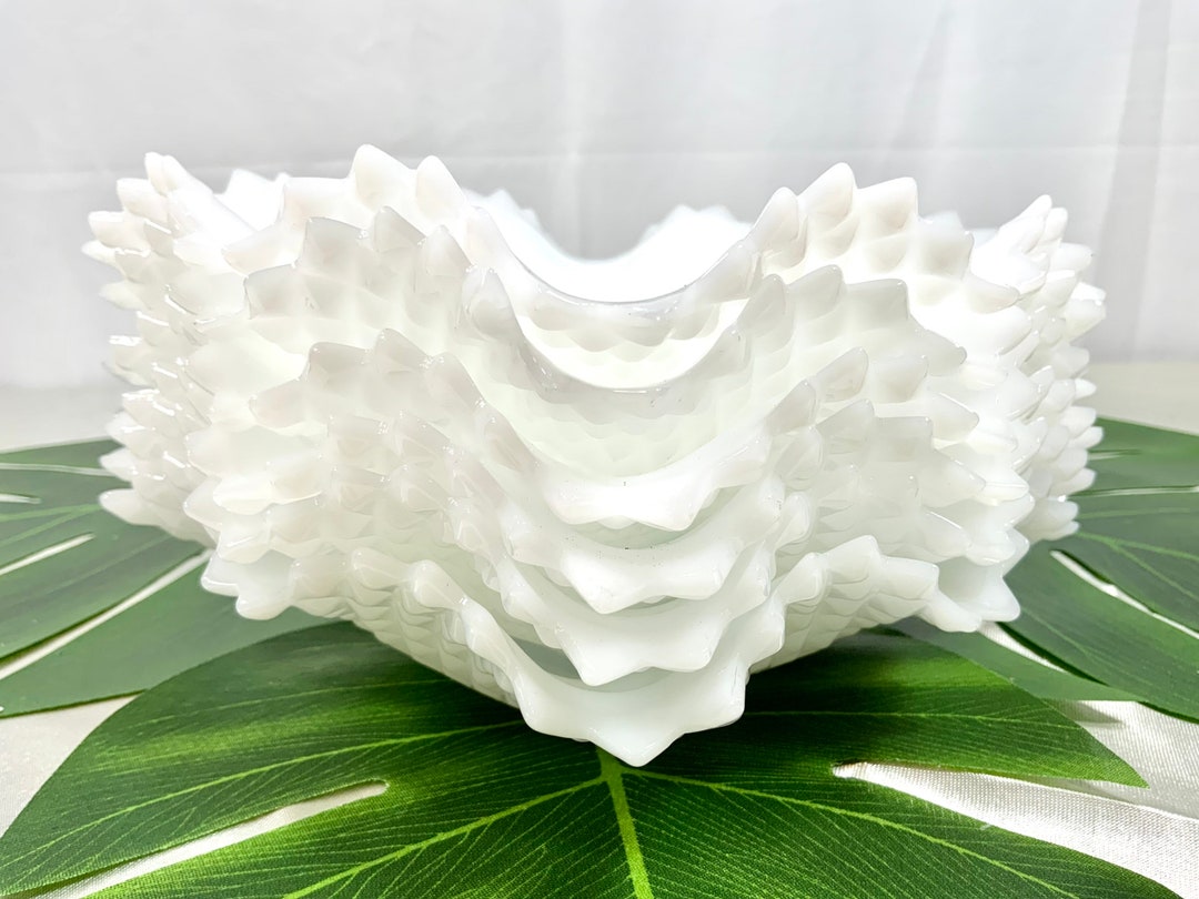 Set of 6 Milk Glass Dessert Bowls Cut Ruffled Sawtooth Edge Diamond