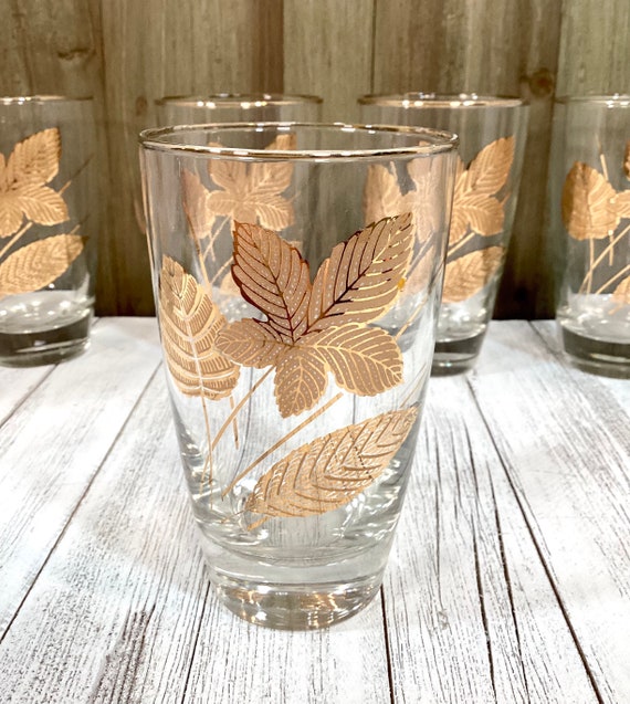 Set of 8 Vintage Libbey Gold Leaf 12 Oz Glasses Gold Trimmed