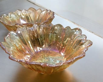 Set of 2 Amber Carnival Glass Bowls – Sunflower Marigold Design (U6-9)