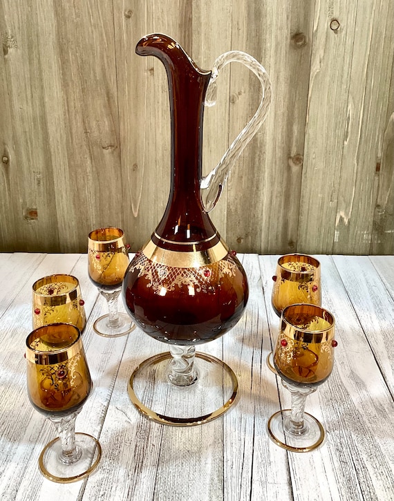 Unique Vintage Glass Decanter With 5 Liquor Glasses Set 22 Kt Gold
