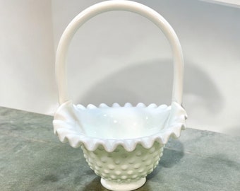 Fenton Milk Glass Hobnail Basket With Handle, Vintage Home Decor