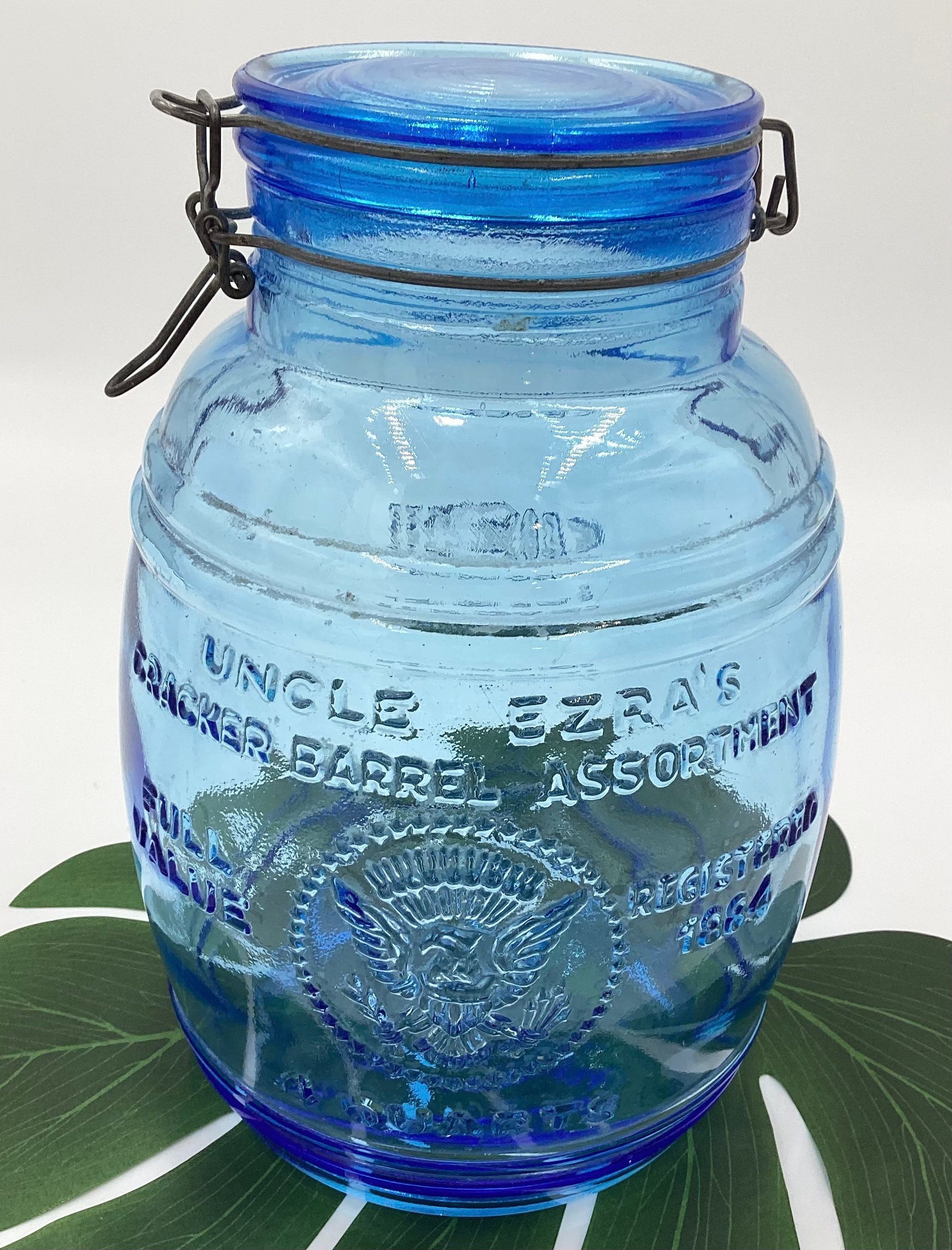 Vintage Blue Glass Cookie Jar, Uncle Ezra's Cracker Barrel, 4qt