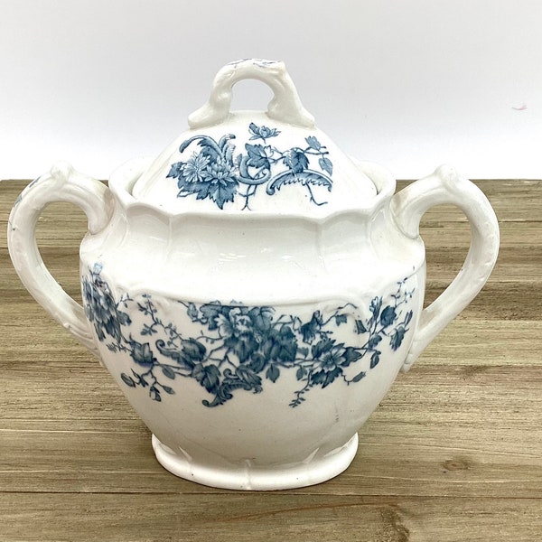 Smith & Ford Runic England Sugar/Small Tureen Bowl with Lid - Blue Floral on White Semi Porcelain Vintage Collectible Table Décor(Y4-9)