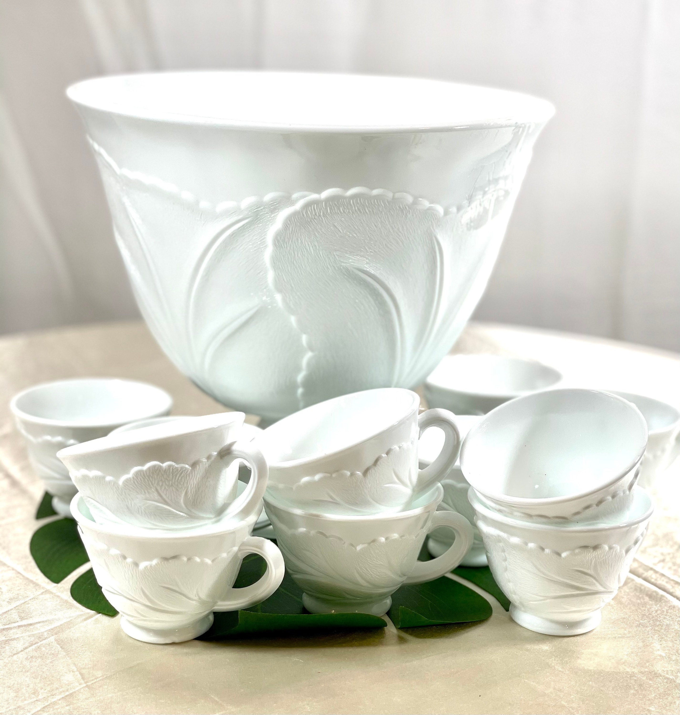 Milk Glass Punch Bowl Set  Art Deco Milk Glass Punch Bowl Set