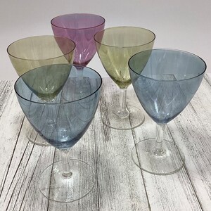 Set Of 5 Vintage Stemmed Wine Glasses Cordial Glasses Green Blue & Purple Glassware Barware Serving, Housewarming Gift (K9-3)