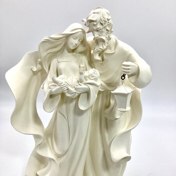 One Piece Nativity - "What Child Is This" Holy Family Statuette, Cream, 16X10.5", Joseph Arm Wrapped around Mary Holding Baby Jesus (T.1-12)