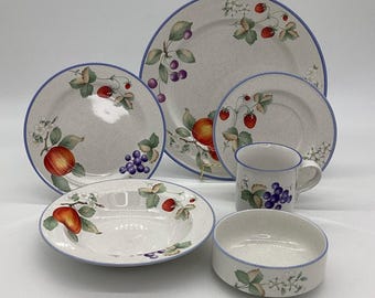 Fruit Pattern Dishware: Blue Rim Plates, Bowls, Pitcher (T.10)