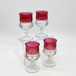 Set Of 4 Goblets King Crown Cranberry Ruby Thumbprint Goblets Vintage Glassware Barware Gift Wine Lover Stemware Collectible Glass (S.8-799)