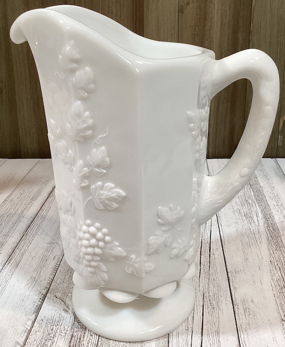 White Milk Glass Pitcher With Clear Glass Handle And Embossed Fruit Vintage