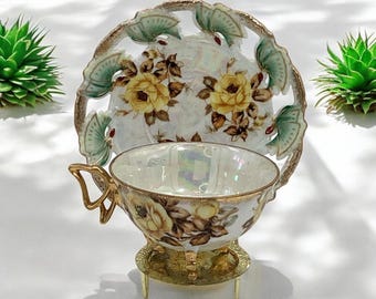 Vintage Butterfly Teacup Set, Yellow Floral Tea Lover Gift (S.8-835)