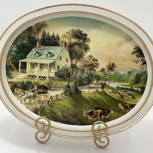 Vintage Oval Tin/Metal Serving Platter Decorative Home Decor American Homestead Summer By Currier & Ives Country Scene Gold Trimmed (R9-1)