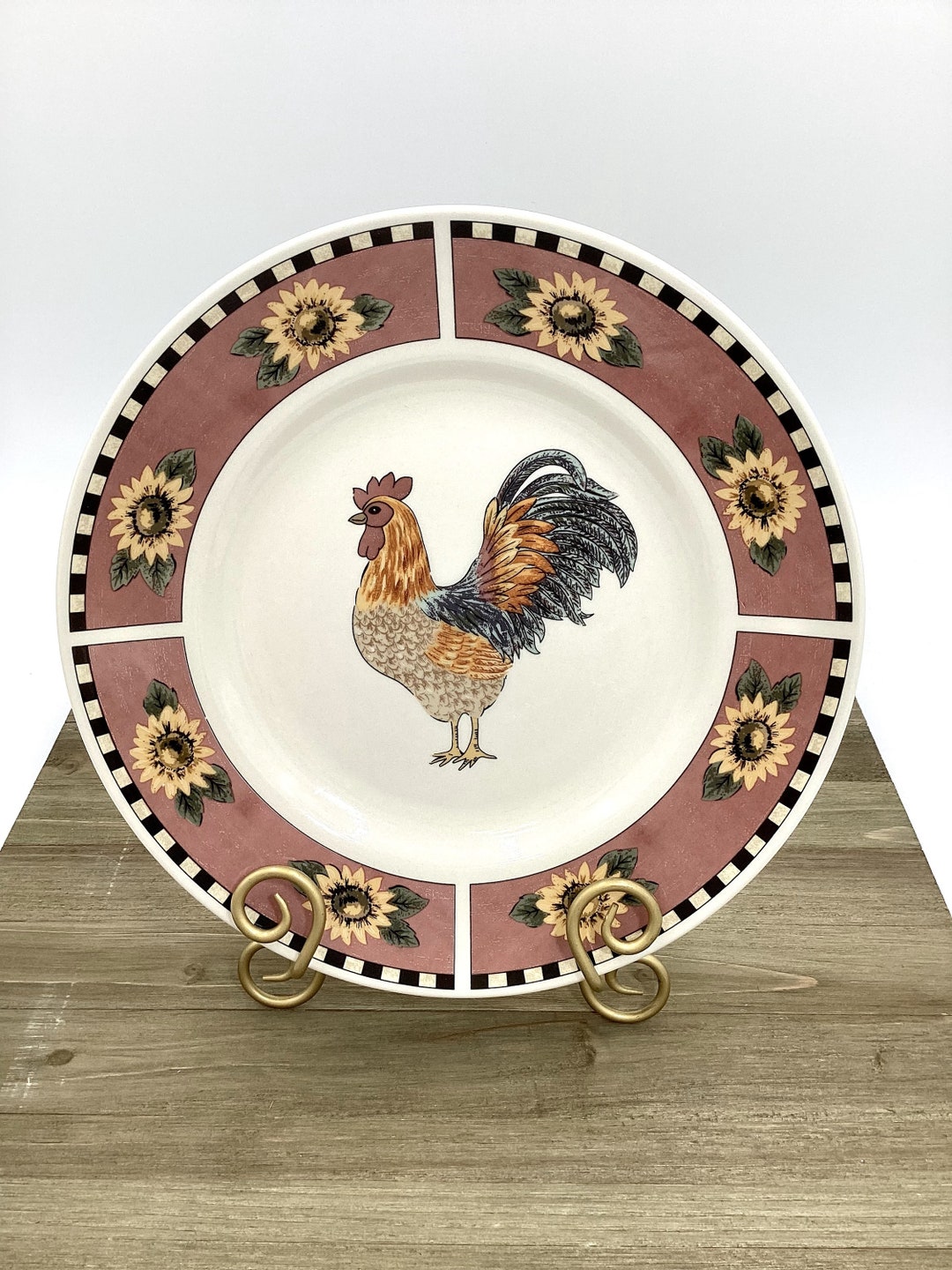 Gibson brewster Dinner Plate Rooster in Center Red Trim With Sunflowers