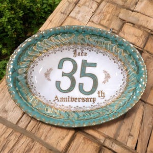 Absolutely Stunning Hand Painted Vintage Jade 35th Anniversary Oval Dish Norcrest Fine China B-511 Gold & Green Housewarming Gift (D7-4)