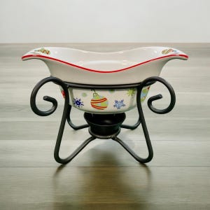 Pfaltzgraff USA Taffy Candy Christmas Boat Warmer w Metal Stand Holidays Housewarming Gift Taffy Candy Dish Christmas Serving Fun (C5-6)
