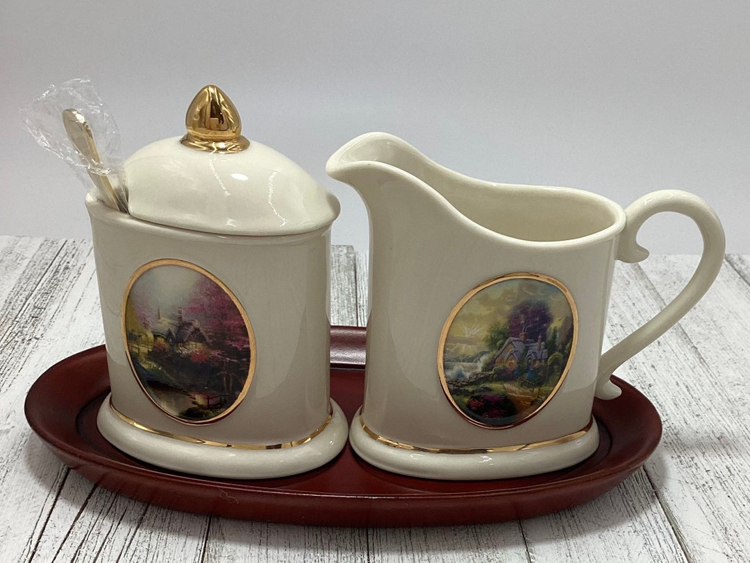 RARE Thomas Kinkade Creamer & Sugar Serving Set With Lid Spoon and Tray