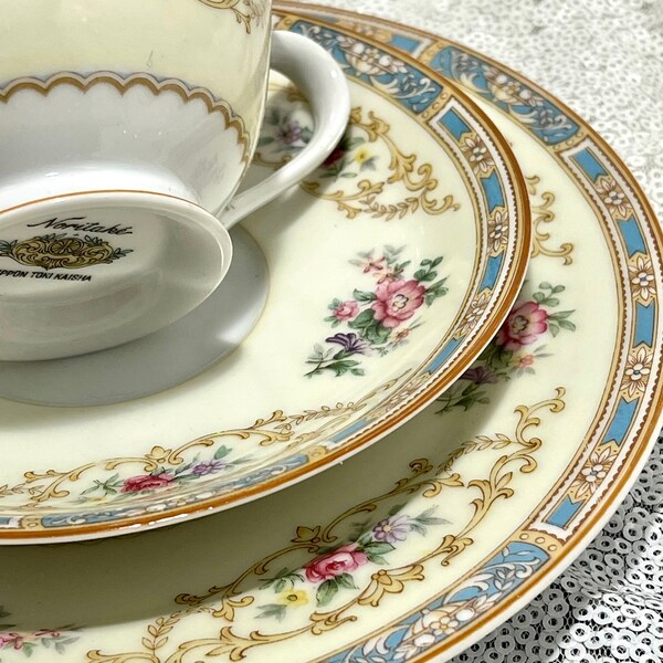 Colby (blue on edge) by Noritake Trio Set of Teacup Saucer and Bread Plate (W4-4)