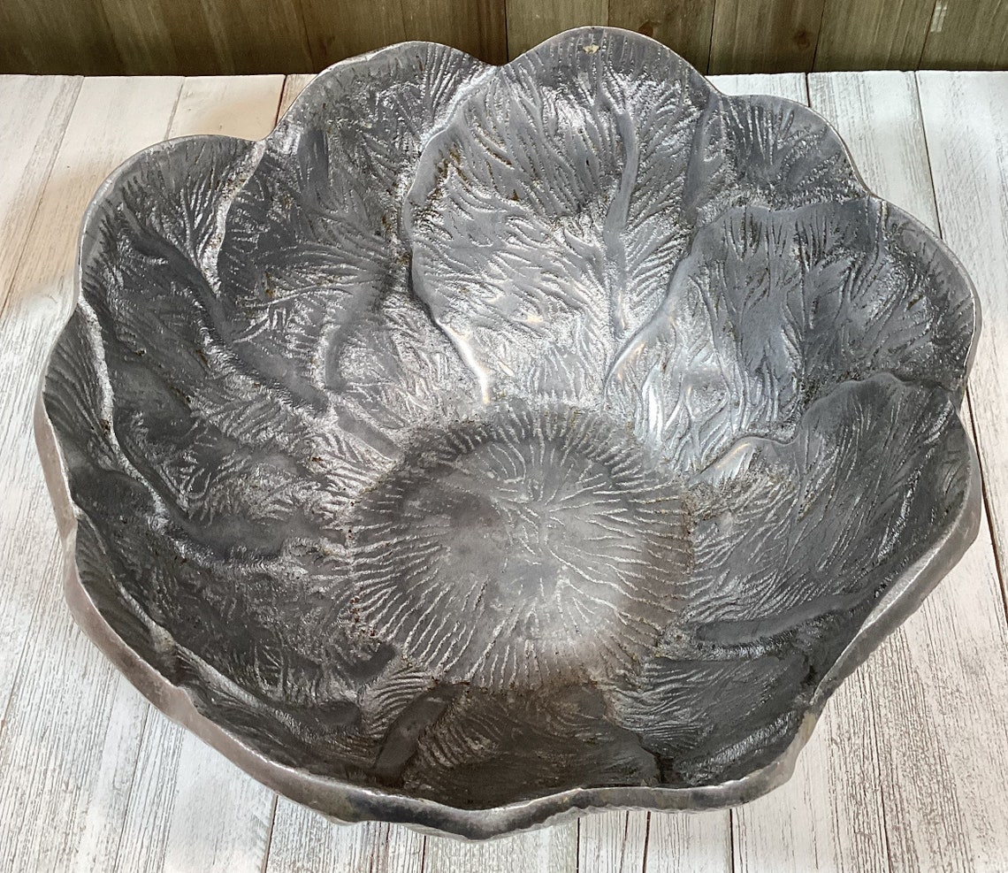 RARE Pewter Salad Serving Bowl Lettuce Leaf Pattern Garden Etsy