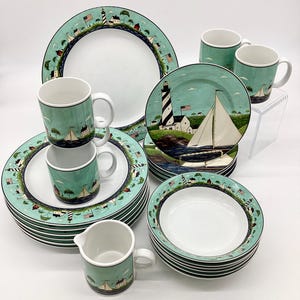 Coastal Breeze Warren Kimble Sakura Dinnerware Set: Lighthouse, Boats, Beach House Theme (H.9-893)