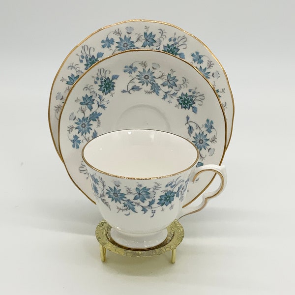 1960's Trio Teacup Saucer Bread Plate Vintage Braganza Colclough Bone China Tea Service Trio Porcelain White Porcelain Blue Flowers  (W.1-2)