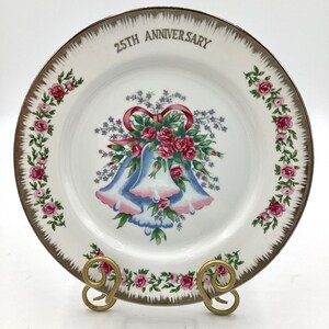 25th Anniversary Collectible Plate Gold Rim Pink Roses Surround By Bells Silver Anniversary Gift 25th Anniversary Keepsake Ideal Gift(Y.2-5)