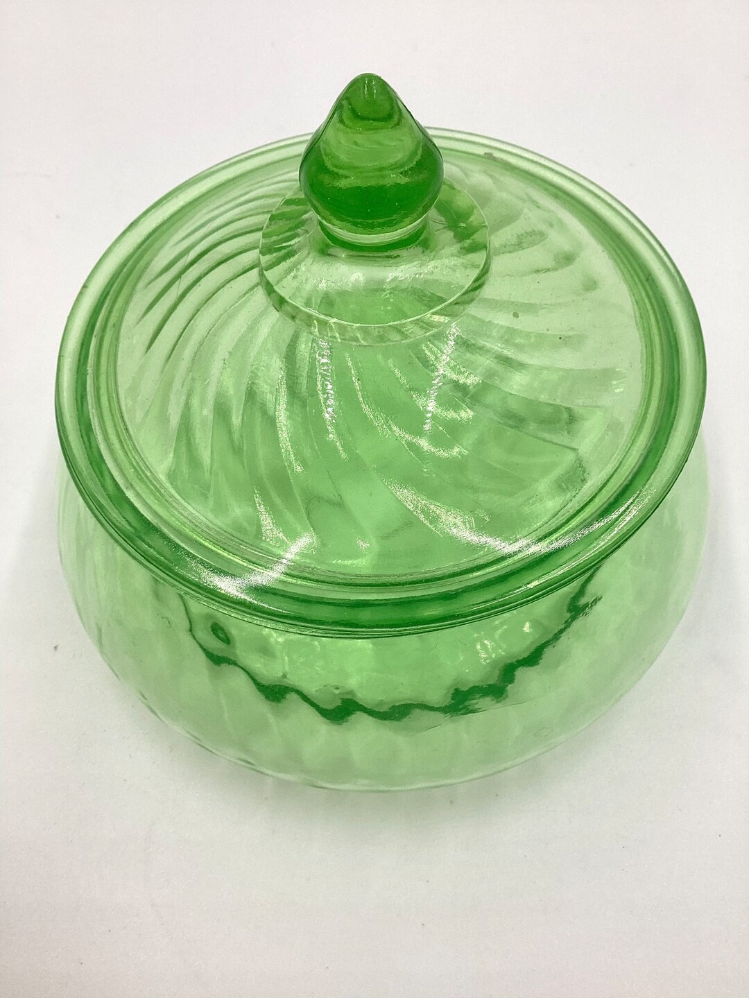 Green Hocking Glass Bowl With Lid Depression Glass Spiral Etsy