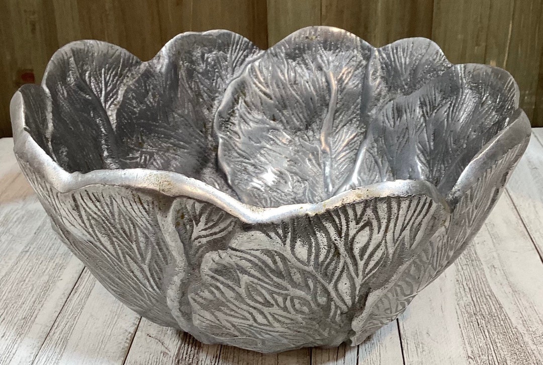 RARE Pewter Salad Serving Bowl Lettuce Leaf Pattern Garden Cabbage Bowl