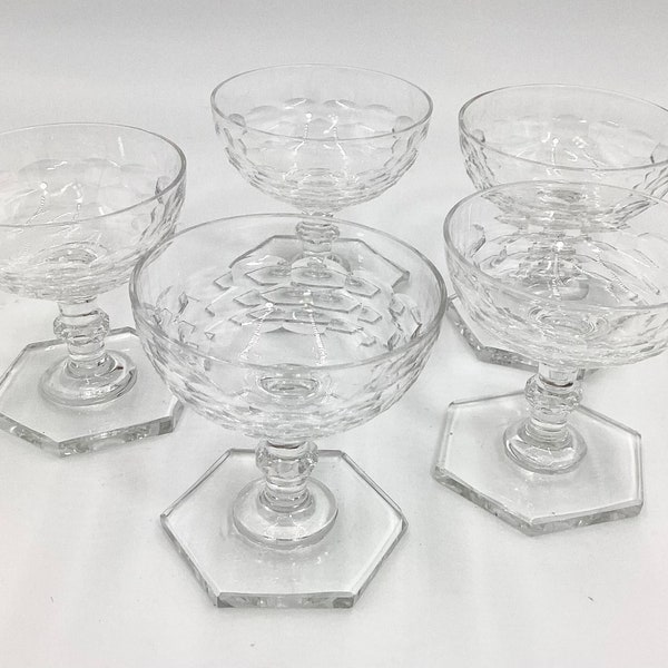 Set of 5 Crystal Glasses - Thumbprint Design/Hexagon Base/Diamond Cut Pedestal Stem/Barware Set/Clear Glass/Dessert Cup (G7-11)