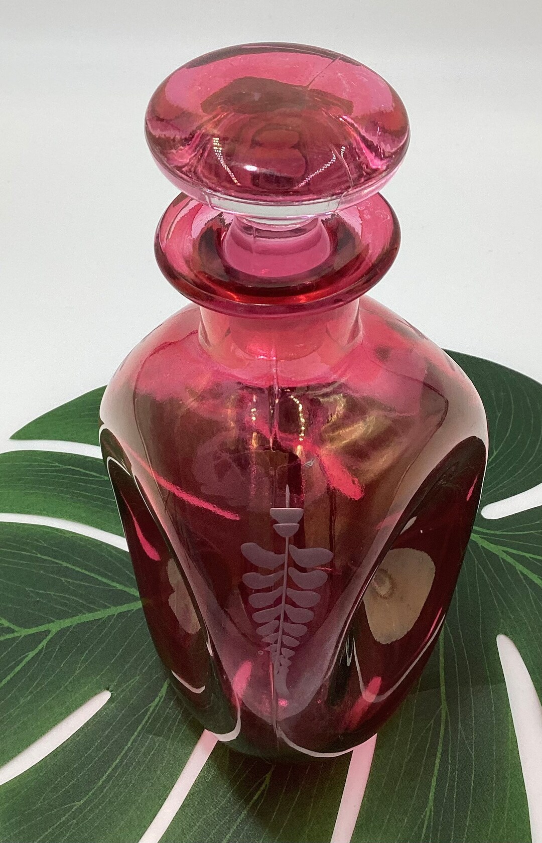 RARE Vintage Pink Pinched Glass Decanter With Stopper White Frosted