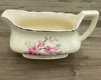 1960s Gravy Boat - Canary Tone with Pink Cherry Blossoms With Silver Trim Scalloped Top LIDO WS George Ornate Handed Porcelain (T4-7)