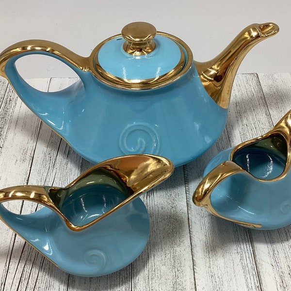 Exquisite Mid Century Pearl China Co Ceramic Tea Set - Teapot Creamer & Sugar Sky Blue 22k Gold Trimmed (M9-1)