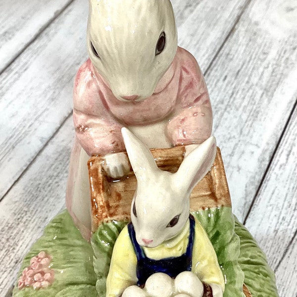 Easter Bunny Decor Hand Painted Bunny Figurine Music Box Plays You Light Up My Life Mother & Son Bunnies Gift For Expecting Mom (Q.7-12)