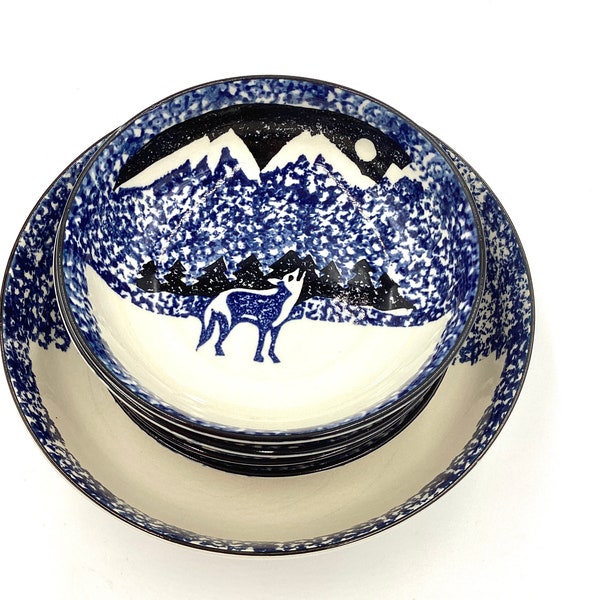 Tienshan Wolf Bowls - Blue Sponge Creates Snowy Night Mountain Scene With Howling Wolf Sold Separately Cereal/Coupe Vegetable Bowl(P2-11)