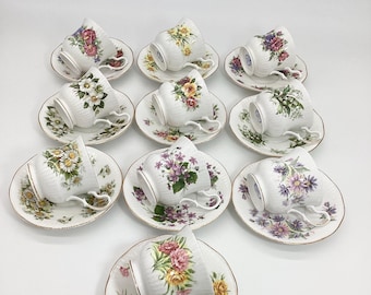 Floral Tea Cup and Saucer Sets, Mix-Matched China, Set of 10  (K)
