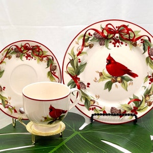 Cardinal Christmas Tea Set Trio, Holiday Ribbon Design (P43) - Etsy