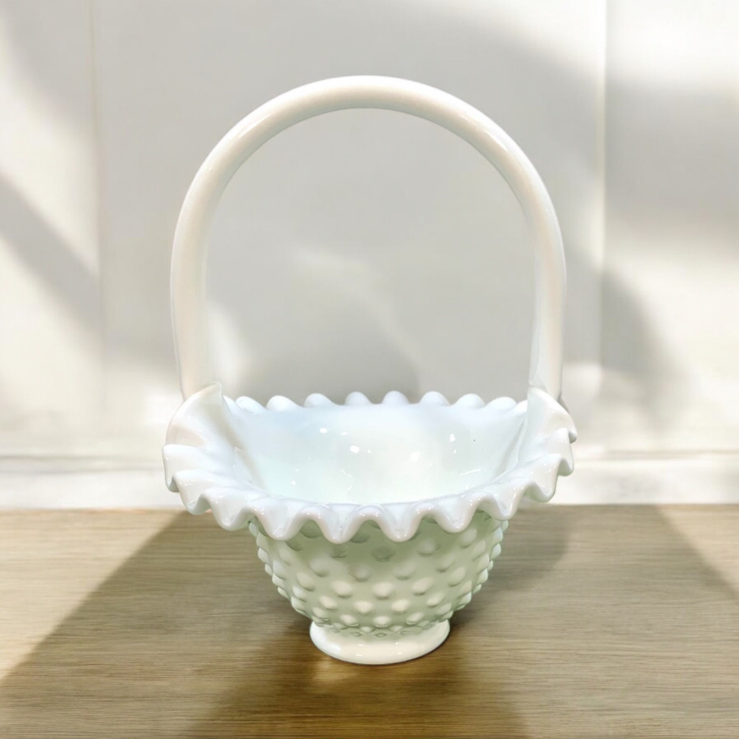Fenton Milk Glass Hobnail Basket With Handle, Vintage Home Decor